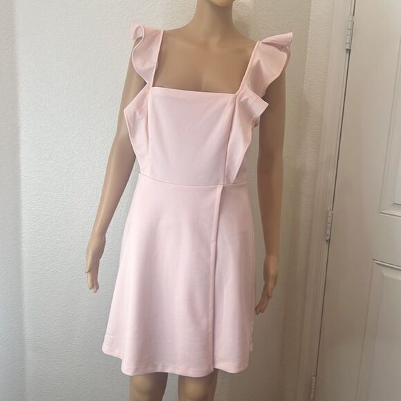 BCBG Paris Dress Pastel Pink Size Small Square Neck Flutter Sleeve Wrap Mini - Picture 2 of 11